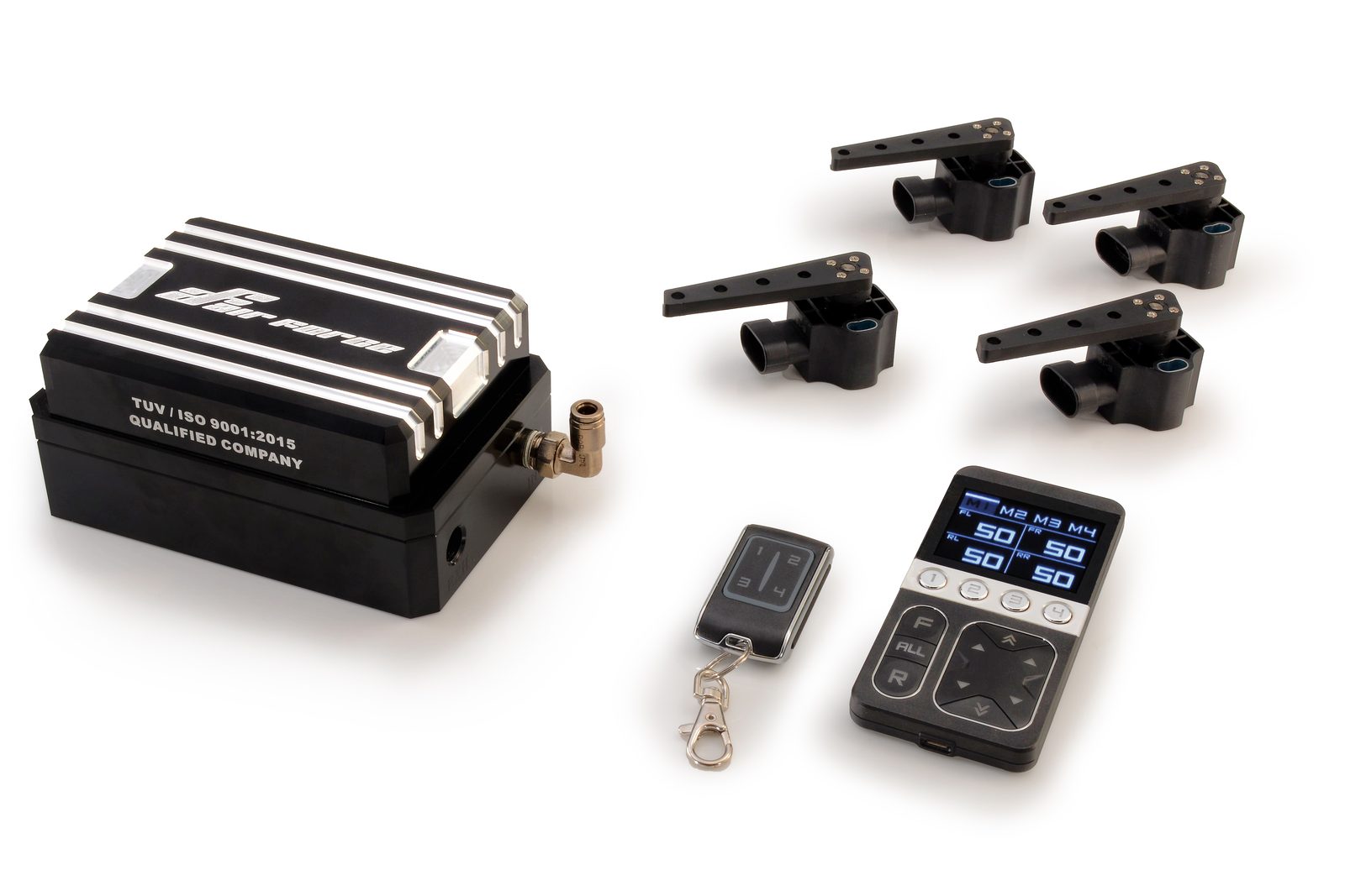 Management kit laid out: valve block, height sensors, remote and handset