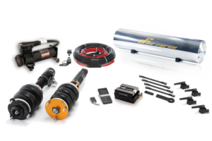 AirForce Gold air suspension kit laid out: struts, air bags and management