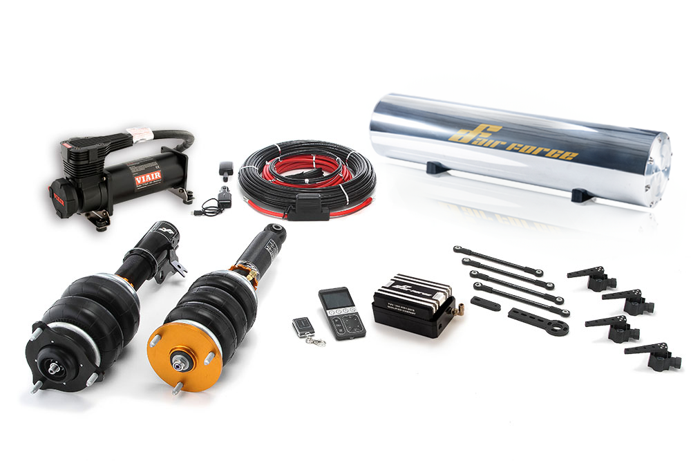 AirForce Gold air suspension kit laid out: struts, air bags and management