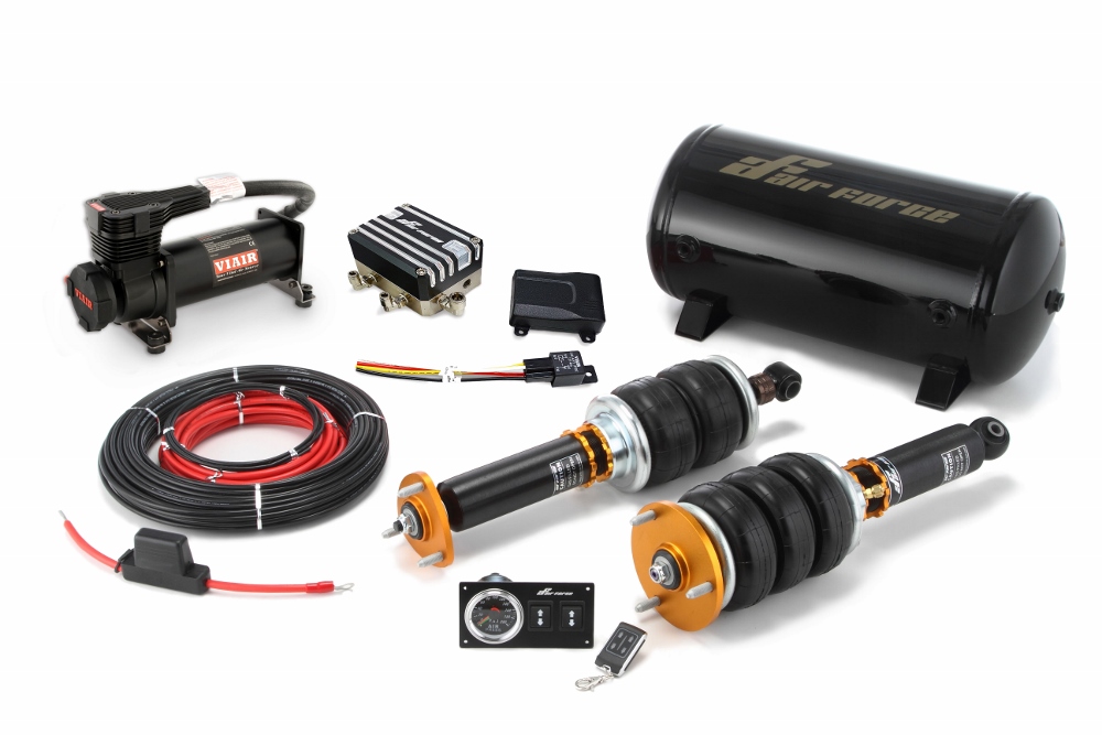 AirForce Luxury air suspension kit laid out: struts, air bags and management