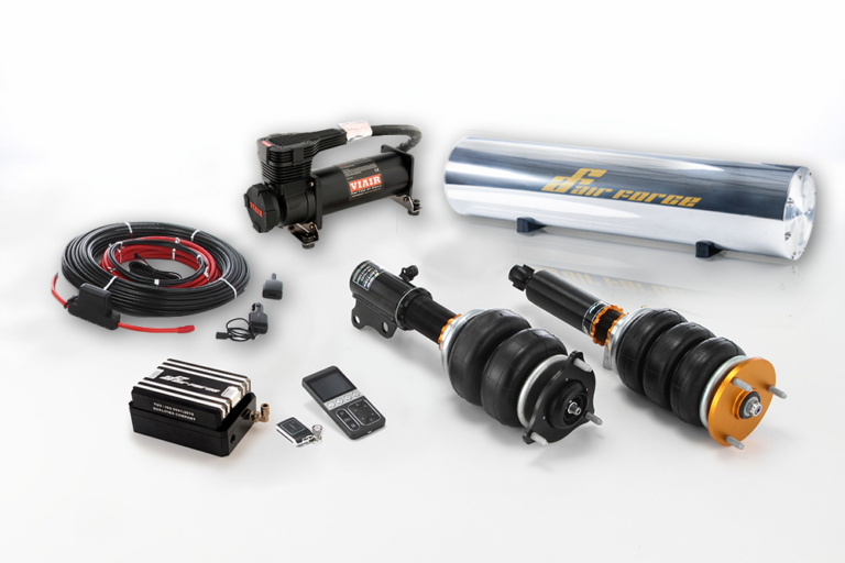 The Super Performance kit laid out — struts, air bags, tank, compressor and management