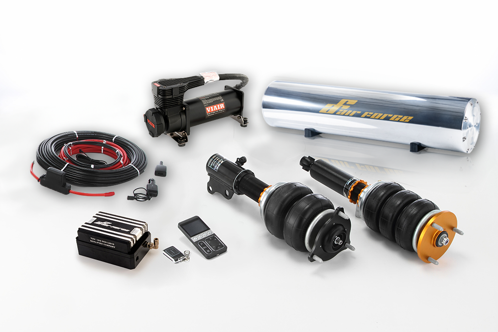 AirForce Super Performance air suspension kit laid out: struts, air bags and management