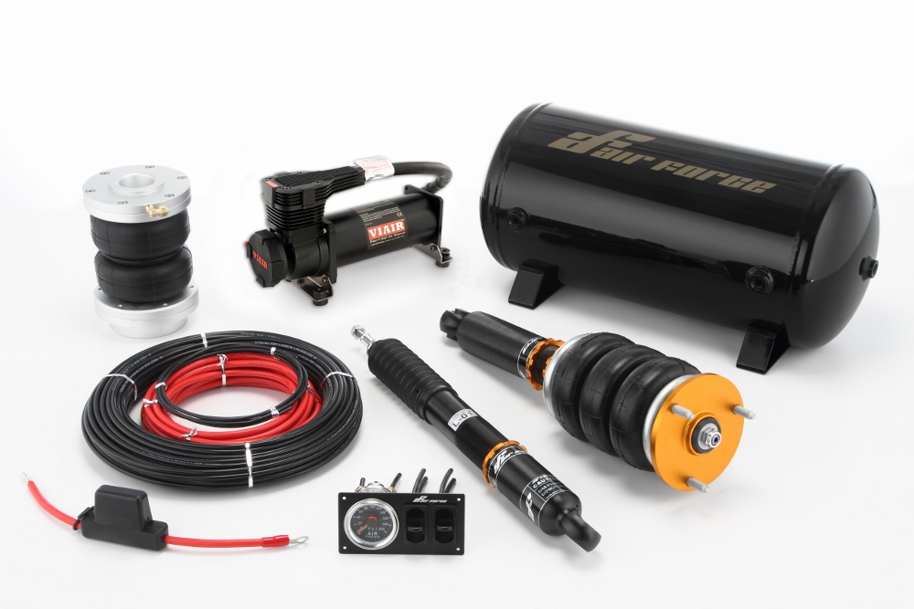 AirForce Universal air suspension kit laid out: struts, air bags and management